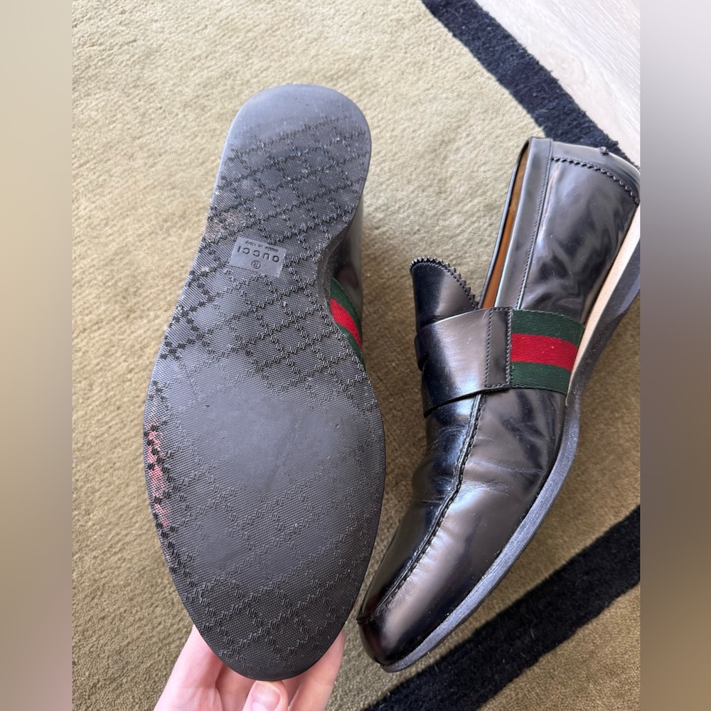 Gucci Black Leather Men’s Loafers with Green & Red Web - Picture 8 of 12